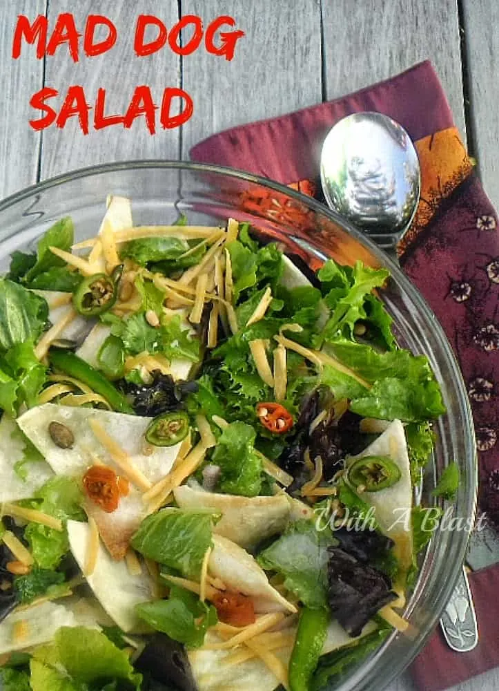 Everything nice and spicy in this Mad Dog Salad ! Crunchy Tortilla chips, herbs, lettuce, nuts, seeds and so much more #CrunchySalad #SaladRecipes #SpicySalad #TortillaChipSalad
