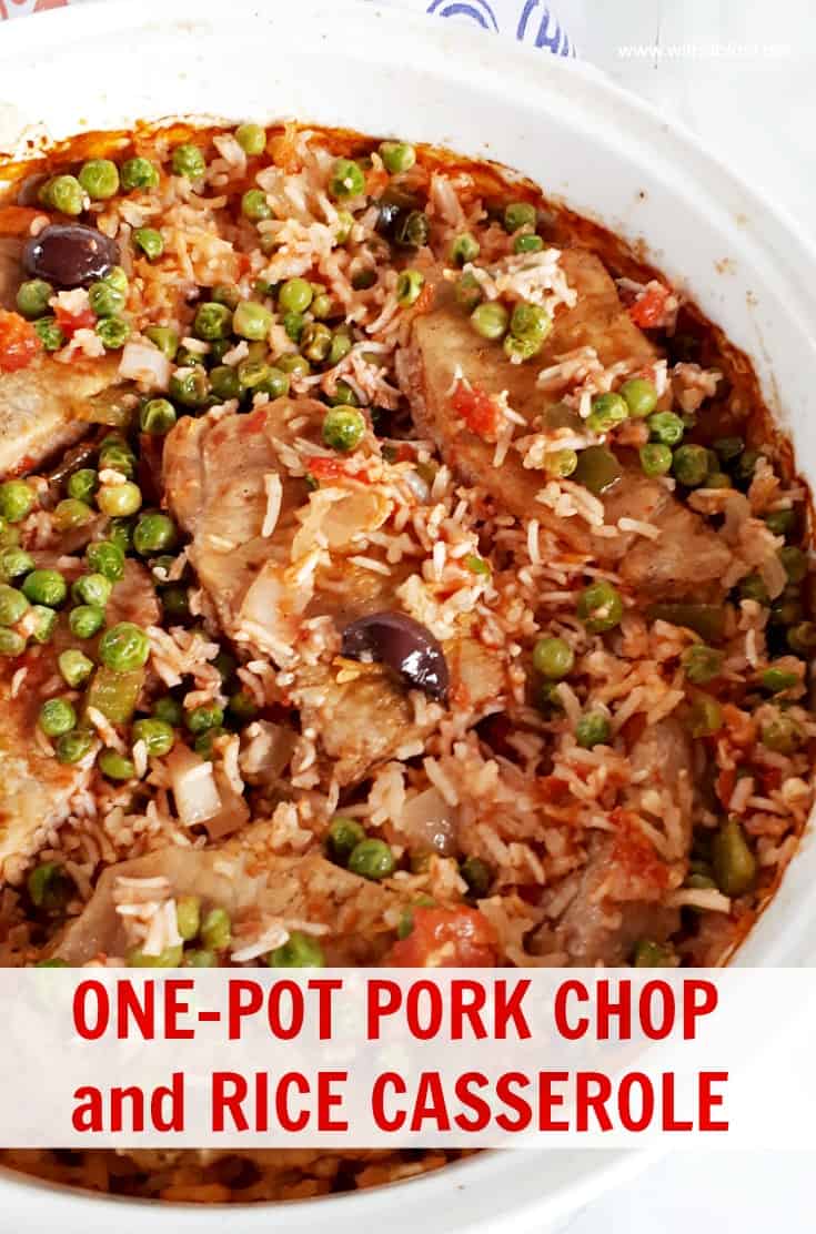 One-Pot Pork Chop and Rice Casserole is an all in one Dinner with tender, juicy Pork Chops, vegetables and tomato rice [easy oven baked recipe] #PorkChops #ComfortFood #OnePotMeals #EasyPorkChopCasserole #CasseroleRecipes 