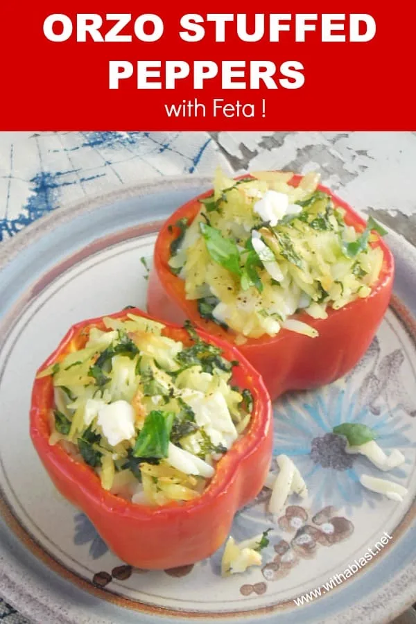 Orzo Stuffed Peppers with Feta is perfect to serve as a side dish, and very impressive as an appetizer - all standard pantry ingredients #StuffedPeppers #Vegetarian #VegetarianRecipes #Appetizer #Side Dish