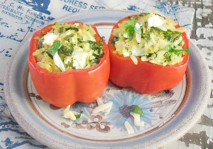 Orzo Stuffed Peppers with Feta is perfect to serve as a side dish, and very impressive as an appetizer - all standard pantry ingredients
