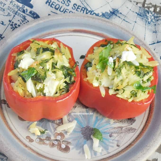 Orzo Stuffed Peppers with Feta is perfect to serve as a side dish, and very impressive as an appetizer - all standard pantry ingredients