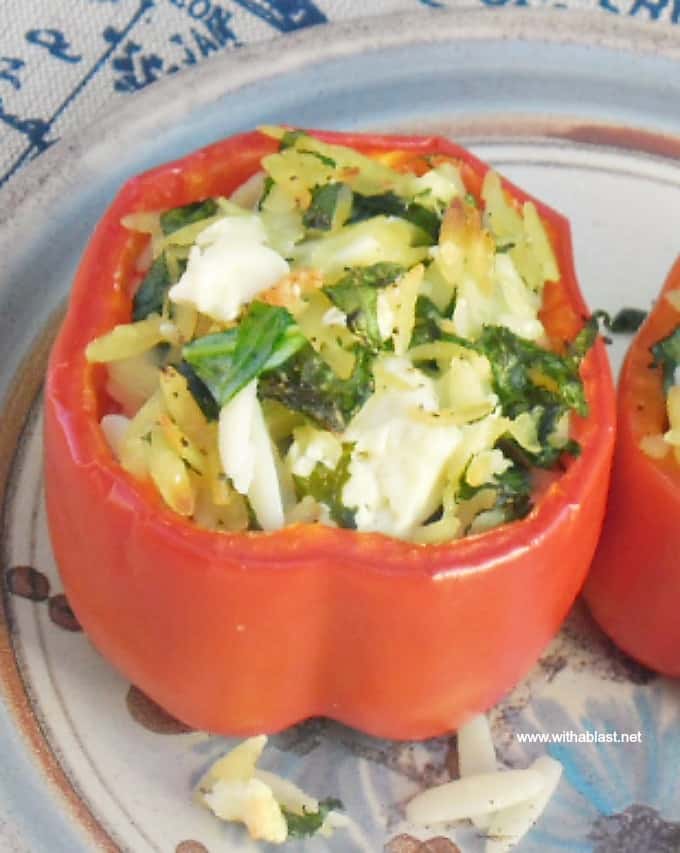Orzo Stuffed Peppers with Feta is perfect to serve as a side dish, and very impressive as an appetizer - all standard pantry ingredients