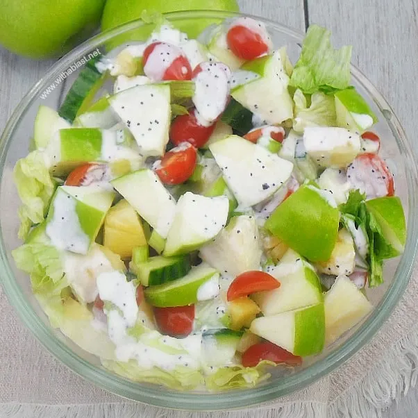 Apple Summer Salad is a refreshing, delicious salad with Apple, Pineapple and more and drizzled with a light Poppy Seed dressing