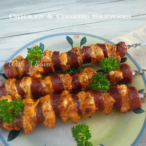 Chicken and Chorizo Skewers are the easiest, most delicious Chicken skewers for your next barbecue (can also make indoors). Tender and ever so juicy ! [ the secret is in the quick marinade ! ]