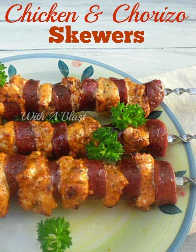 Chicken and Chorizo Skewers are the easiest, most delicious Chicken skewers for your next barbecue (can also make indoors). Tender and ever so juicy ! [ the secret is in the quick marinade ! ] #ChickenKebabs #Chicken #BBQ #Grilling