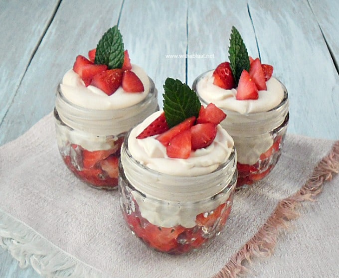 Strawberry and Marshmallow Mousse is Rosewater infused Strawberry topped with a Liqueur based Marshmallow topping, all in a jar ~ simple, but this Summer's most decadent dessert !