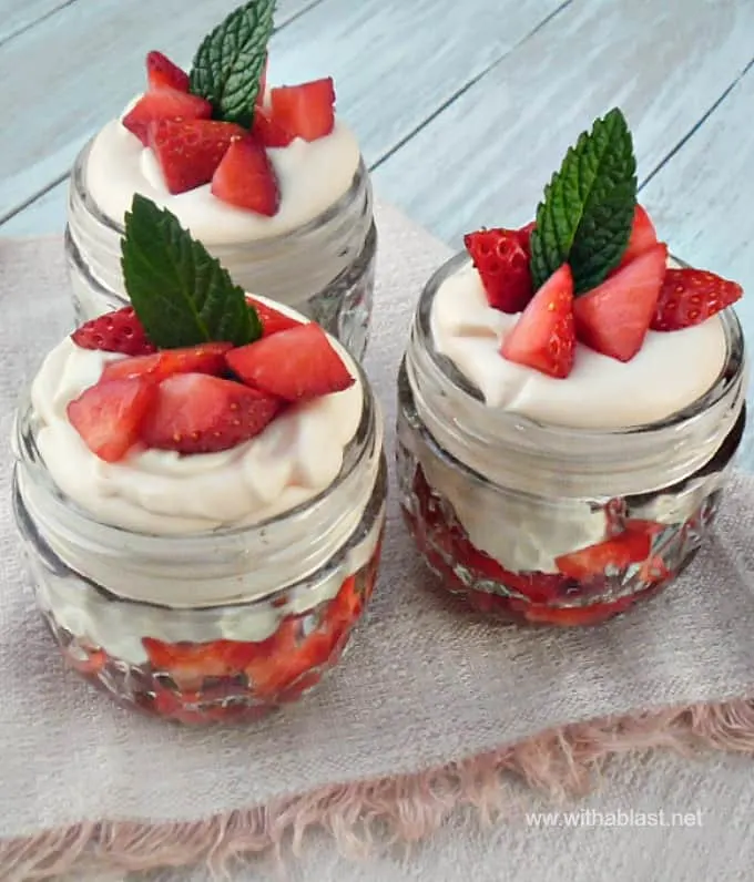 Strawberry and Marshmallow Mousse is Rosewater infused Strawberry topped with a Liqueur based Marshmallow topping, all in a jar ~ simple, but this Summer's most decadent dessert !