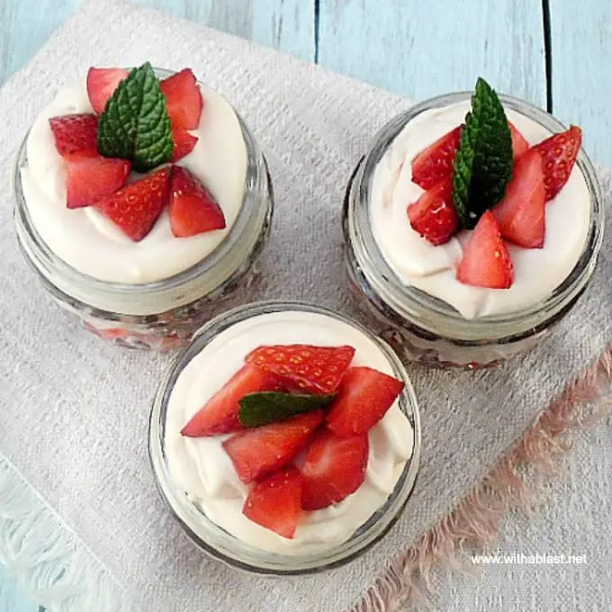Strawberry and Marshmallow Mousse is Rosewater infused Strawberry topped with a Liqueur based Marshmallow topping, all in a jar ~ simple, but this Summer's most decadent dessert !