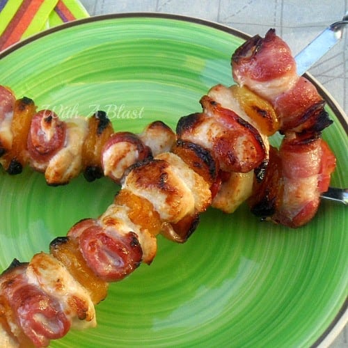 Tangy, sweet/sour/salty combination of Bacon, Chicken and Apricots make this kebab a winner at any BBQ #Kebabs #ChickenKebabs #BBQ #Grilling
