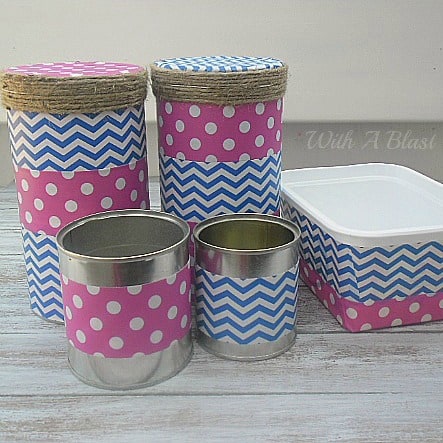 Storage Containers (Duct Tape Crafts) ~ Easily recycle empty cans and tubs by using Duct Tape to decorate #DuctTape #Crafts #StorageContainers #Storage #DIY #Organizing