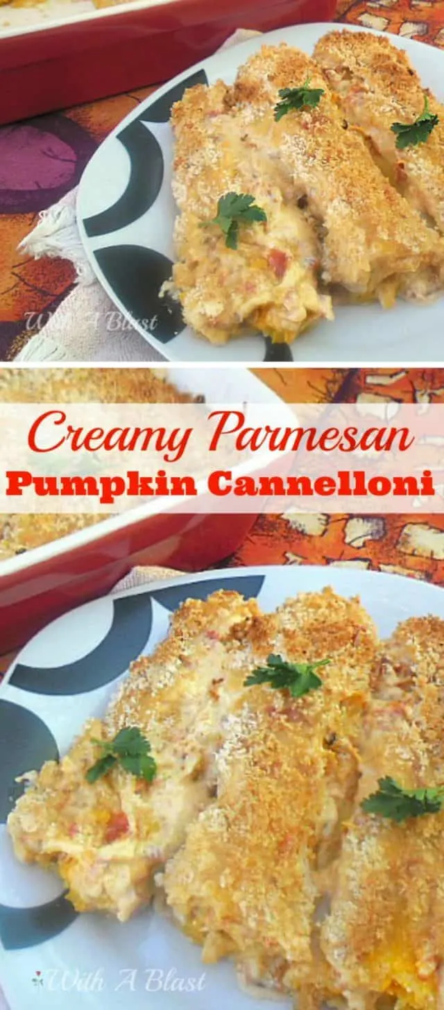 Creamy Parmesan Pumpkin Cannelloni has delicious pumpkin filling baked in a creamy tomato sauce - all topped with a crunchy Parmesan topping [side or meatless main dish] #PumpkinSide #MeatlessDinner #PumpkinPasta #EasyPumpkinPasta 