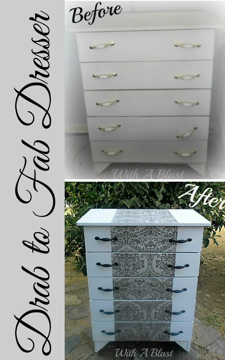 How to turn an old, tired looking dresser from a Drab to Fab Dresser ! Simply by using paint, spraypaint and some leftover wall paper ! #Makeover #DresserMakeover #LeftoverWallPaper #Upcycling