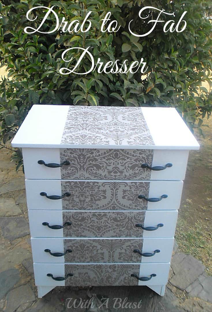 How to turn an old, tired looking dresser from a Drab to Fab Dresser ! Simply by using paint, spraypaint and some leftover wall paper ! #Makeover #DresserMakeover #LeftoverWallPaper #Upcycling