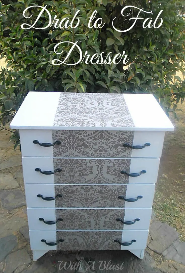 How to turn an old, tired looking dresser from a Drab to Fab Dresser ! Simply by using paint, spraypaint and some leftover wall paper ! #Makeover #DresserMakeover #LeftoverWallPaper #Upcycling