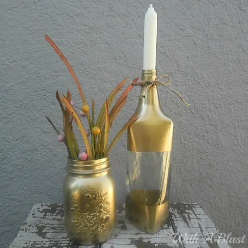 Gold Vase and Candle Holder ~ Make this Vase & Candle Holder in under 30 minutes ~ lovely decor pieces! #SprayPainting #GoldDecor #CandleHolder #BottleCrafts #Recycling Gold Vase and Candle Holder