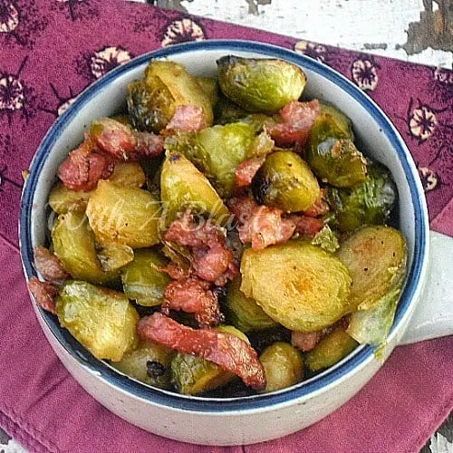 Honey Balsamic Roasted Brussels Sprouts ~ Deliciously caramelized Brussels Sprouts with added Bacon ~ will be everyone's favorite side ! #SideDish