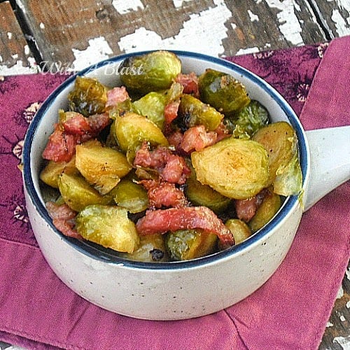 Honey Balsamic Roasted Brussels Sprouts ~ Deliciously caramelized Brussels Sprouts with added Bacon ~ will be everyone's favorite side ! #SideDish