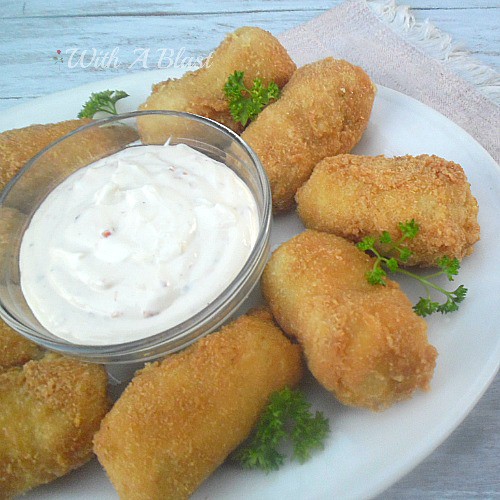 Potato and Chicken Croquettes with Sweet Chili Cheese Dip ~ Perfect to use up leftover mashed potatoes and chicken ~ recipes for both the #Croquettes and the #Dip #ChickenCroquettes #ChickenSnack #LeftoverPotatoes #LeftoverChicken