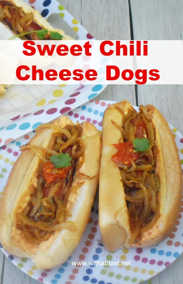 Sweet Chili Cheese Dogs are so quick and easy to make as a light dinner, lunch or serve these Hotdogs on game day #ChiliCheese #Hotdogs