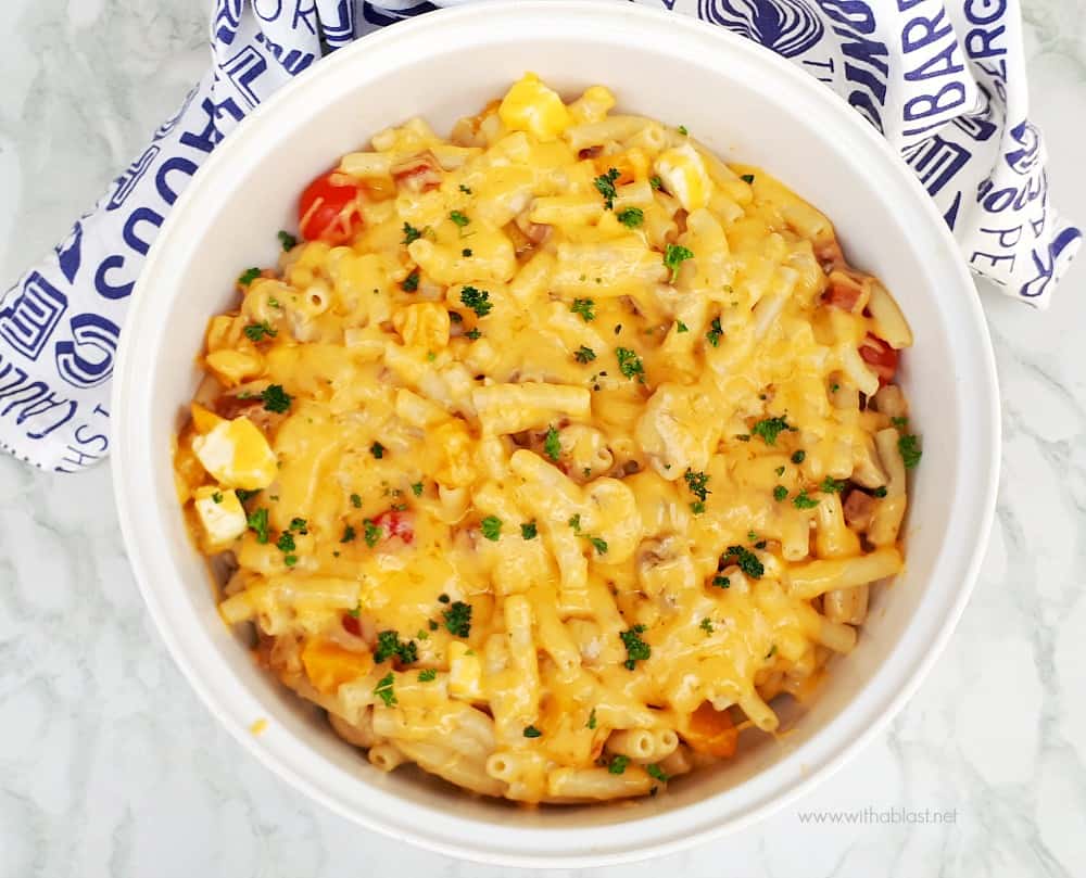 This Mothership Macaroni and Cheese IS worthy of the name ! Loaded with vegetables, two cheeses and perfect for feeding a crowd #MacAndCheese #MacaroniAndCheese #PastaDinner