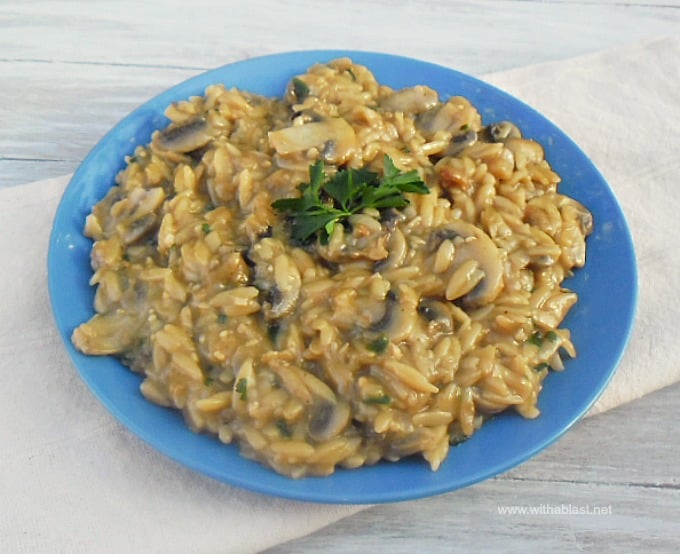 This Orzo and Mushroom Casserole is a comforting, meatless and vegetarian dish - quick and easy to make and on the table in under 25 minutes