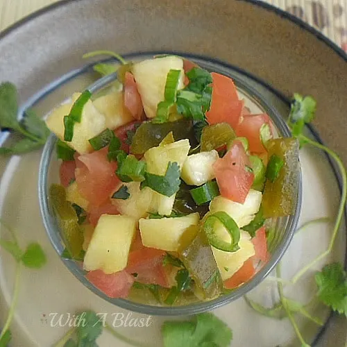 Pineapple and Jalapeno Salsa ~ Kid friendly and such a versatile Salsa to serve with hotdogs, sausage rolls, burgers or as a small side salad #Salsa #SideSalad #SideDish #HotdogTopping www.WithABlast.net Pineapple and Jalapeno Salsa