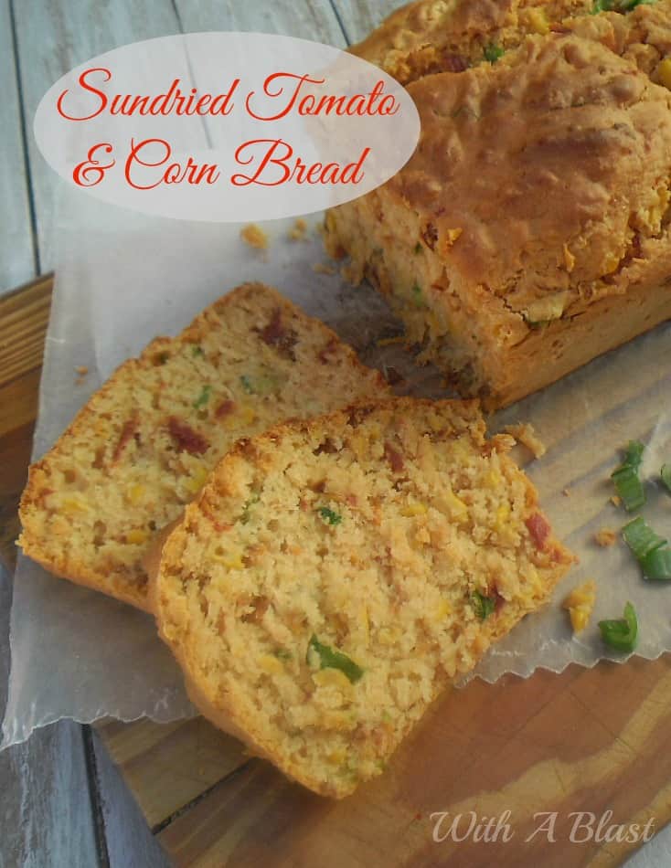 Sundried Tomato and Corn Bread is so quick to make and ever so tasty ! Perfect side to soup or enjoy as a snack #QuickBread #TomatoBread #CornBread #WithABlast #EasyBread #NoYeastBread