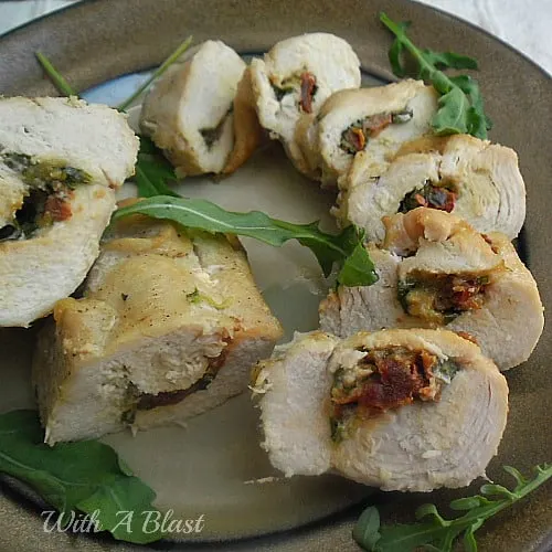 Tomato and Mozzarella Stuffed Chicken ~ Delicious stuffed Chicken, serve warm or cold - whole or sliced into wheels as mains, snacks or an appetizer #Chicken #StuffedChicken #Snacks www.WithABlast.net