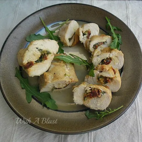Tomato and Mozzarella Stuffed Chicken ~ Delicious stuffed Chicken, serve warm or cold - whole or sliced into wheels as mains, snacks or an appetizer #Chicken #StuffedChicken #Snacks www.WithABlast.net