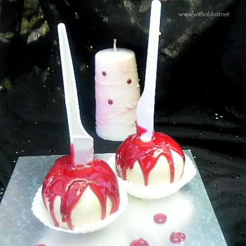 Blood Oozing Chocolate Apples ~ These Apples will have your guests raving for more ! Chocolate covered and drizzled with a quick homemade Hard-Candy {no thermometer needed} #Halloween #CandyApple www.WithABlast.net Blood Oozing Chocolate Apples ~ These Apples will have your guests raving for more ! Chocolate covered and drizzled with a quick homemade Hard-Candy {no thermometer needed} #Halloween #CandyApple www.WithABlast.net
