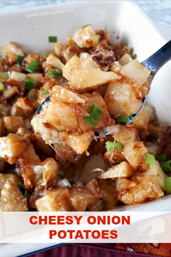 Cheesy Onion Potatoes WILL become a new family favorite if you love your Potatoes ! Only 5 ingredients and it tastes incredibly good as a side dish or a light meatless dinner #PotatoRecipes #Sidedish #ThanksgivingSideDish #ThanksgivingRecipes #Thanksgiving #ChristmasSideDish #ChristmasRecipes