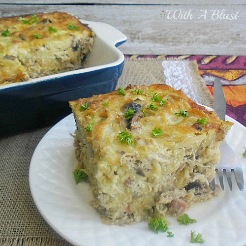 Chicken and Bacon Spaghetti Pie is a rich, filling and comforting pasta dinner ~ Chicken, bacon, cheese and more make this dish a winner on busy week nights #ComfortFood #PastaDish #ChickenPie