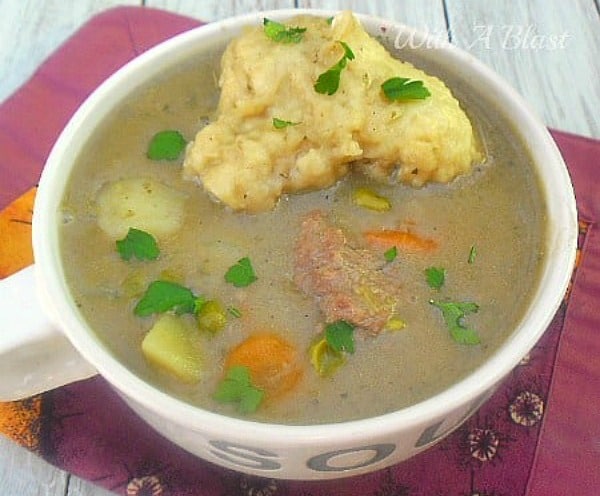 Use your leftover Steak in this rich, hearty chunky Steak and Vegetable Soup with Dumplings ! Always a winner on a cold day and quick to make too.