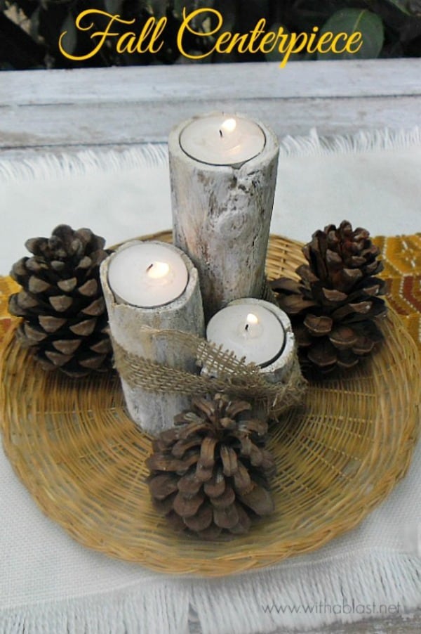 Fall Centerpiece is such an easy, simple and quick decor piece to make combining DIY Candles, Burlap and Pine Cones in a basket or holder of your choice #DIY #FallDecorIdeas #FallDecor #FallCenterpiece