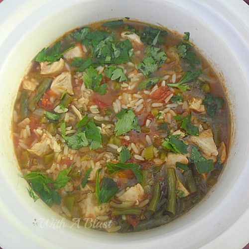 Hearty Chicken Gumbo (Slow-Cooker) ~ Scrumptiously warming Chicken Gumbo ~ perfect on a cold night and ready in 2 hours #Gumbo #ChickenDish #OnePotDish #SlowCookerRecipe