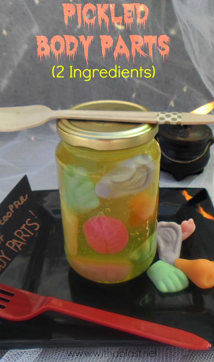 Pickled Body Parts is a Halloween Treat ! This ever so popular treat is made with only 2 ingredients ! Make them in smaller clear containers as Party Favors your guests would love #HalloweenTreat #Halloween #HalloweenPartyFavors 