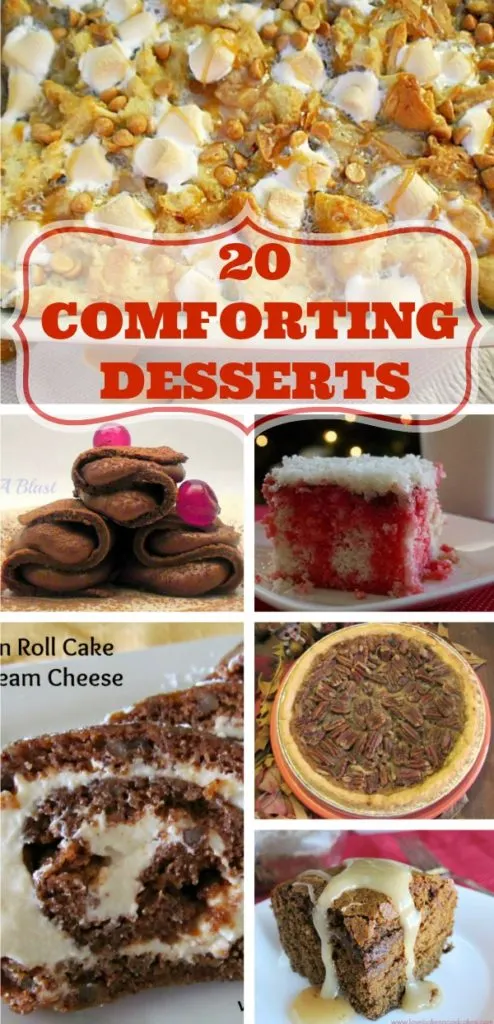 20 Comforting Desserts including puddings, cakes, pies, rich chocolate pancakes (yes for dessert!), Monkey bread and so much more #ComfortDesserts #DessertRecipes #WinterDesserts