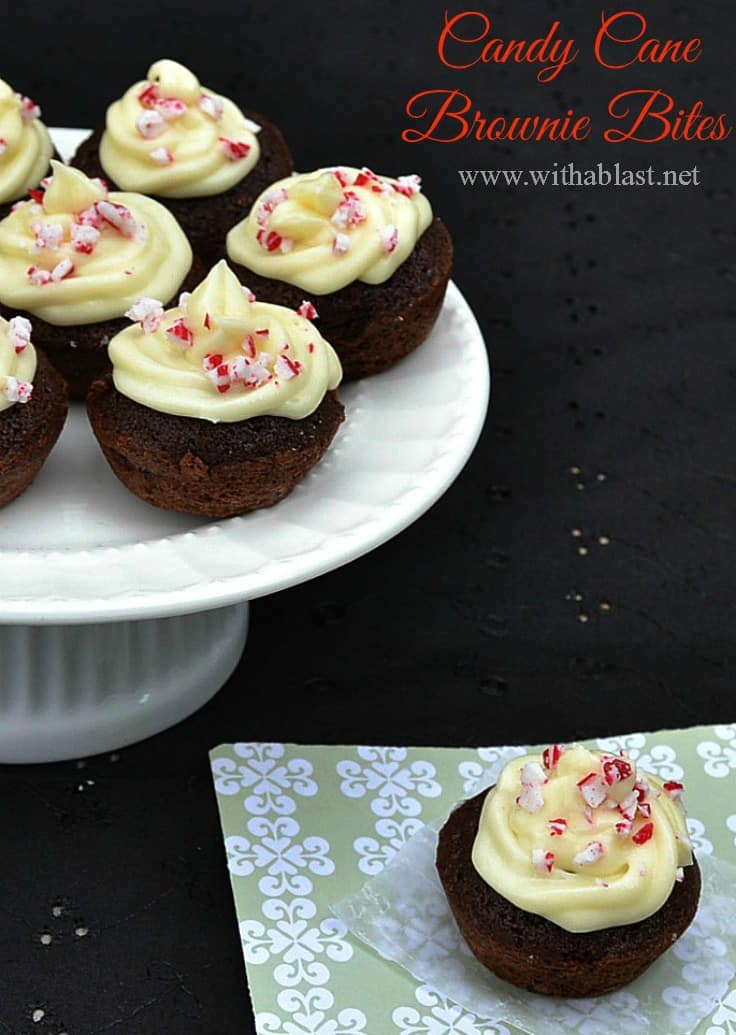 Moist mini Candy Cane Brownie Bites with a White Chocolate Cream Cheese Frosting and sprinkled with crushed Candy Cane