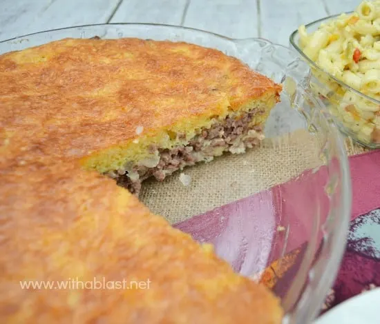 Impossibly Easy Cheeseburger Pie ~ Extremely quick & easy to prepare and about 30 minutes in the oven ! This Pie is delicious served with all the normal trimmings which go with a Cheeseburger ! #SavoryPie #QuickDinner www.withablast.net