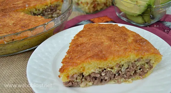 Impossibly Easy Cheeseburger Pie ~ Extremely quick & easy to prepare and about 30 minutes in the oven ! This Pie is delicious served with all the normal trimmings which go with a Cheeseburger ! #SavoryPie #QuickDinner www.withablast.net Impossibly Easy Cheeseburger Pie