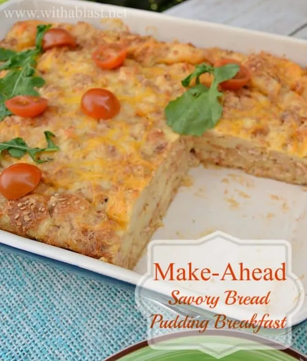 Make-Ahead Savory Bread Pudding Breakfast ~ Less than 20 minutes to prepare, cover up overnight {or at least 30 minutes!} and bake in the morning ~ Meaty, cheesy and delicious crusty sides #MakeAhead #Breakfast #ChristmasBreakfast #BreakfastCasserole