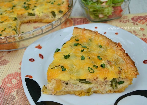 Salmon Green Bean and Spring Onion Quiche ~ Delicious, creamy filling with a crispy {quick!} crust which is so very Cheesey ~ All-seasons-recipe and the perfect weeknight dinner {Impressive enough to serve as an appetizer to guests as well !} #Quiche #QuickDinner www.withablast.net