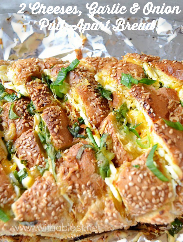 Gooey, double cheese with Garlic and Spring Onions makes this Pull-apart Bread a winner every time ! {the secret is in the Butter mixture!}