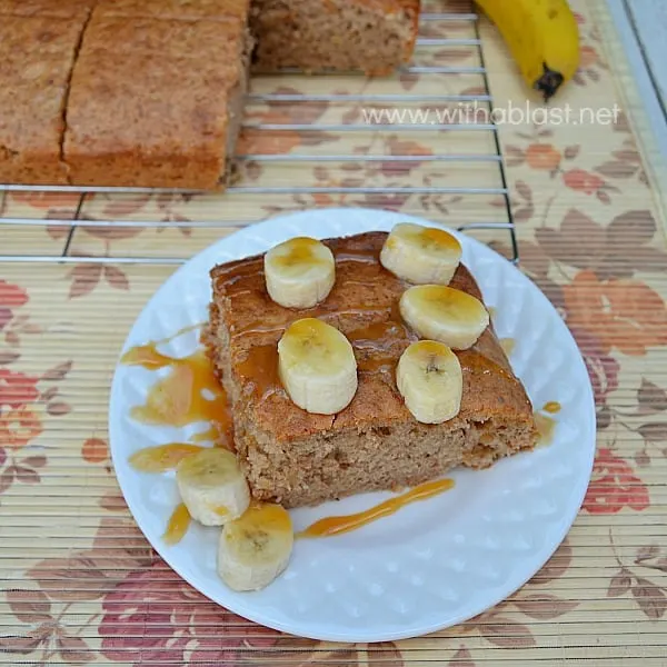 No frosting needed as this Caramel Banana Cake is very moist and served (warm or cold) with fresh Banana and Caramel sauce [cake mix recipe] 