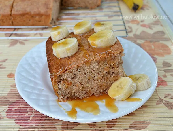No frosting needed as this Caramel Banana Cake is very moist and served (warm or cold) with fresh Banana and Caramel sauce [cake mix recipe]