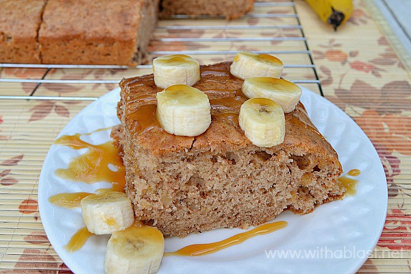 No frosting needed as this Caramel Banana Cake is very moist and served (warm or cold) with fresh Banana and Caramel sauce [cake mix recipe] 