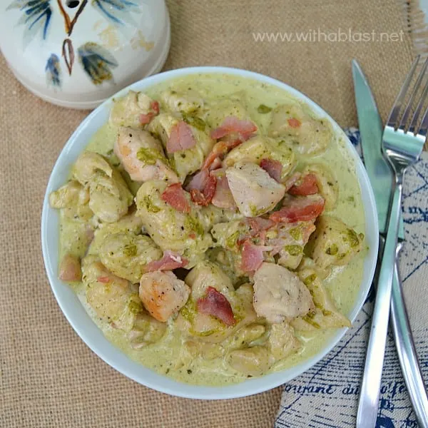 Chicken in Creamy Pesto-Bacon Sauce ~ Quick and easy can be delicious and this Chicken dish, served over Pasta is made in no time at all - scrumptious ! A huge time saving skillet recipe.