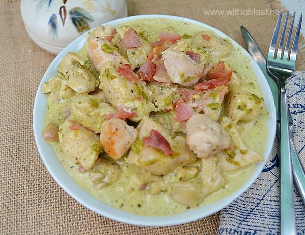Chicken in Creamy Pesto-Bacon Sauce ~ Quick and easy can be delicious and this Chicken dish, served over Pasta is made in no time at all - scrumptious ! A huge time saving skillet recipe.