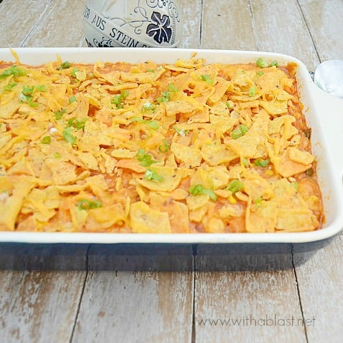 Corn Chip Chicken Casserole ~ Delicious use for leftover Chicken and Rice or use rotisserie chicken ~ easy mix-and-bake dinner recipe #QuickDinner #ChickenCasserole