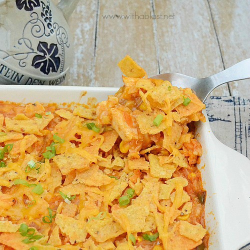 Corn Chip Chicken Casserole ~ Delicious use for leftover Chicken and Rice or use rotisserie chicken ~ easy mix-and-bake dinner recipe #QuickDinner #ChickenCasserole